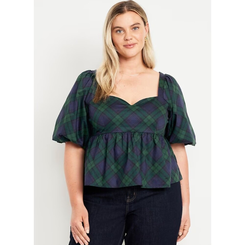 NWT Old Navy Puff-Sleeve Plaid Poplin Peplum Top 4X